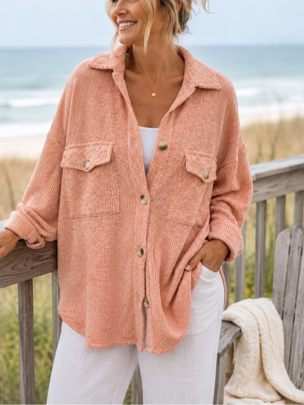 Timing Waffle Knit Shacket Jacket Women’s 1X Oversized Button Front Utility
